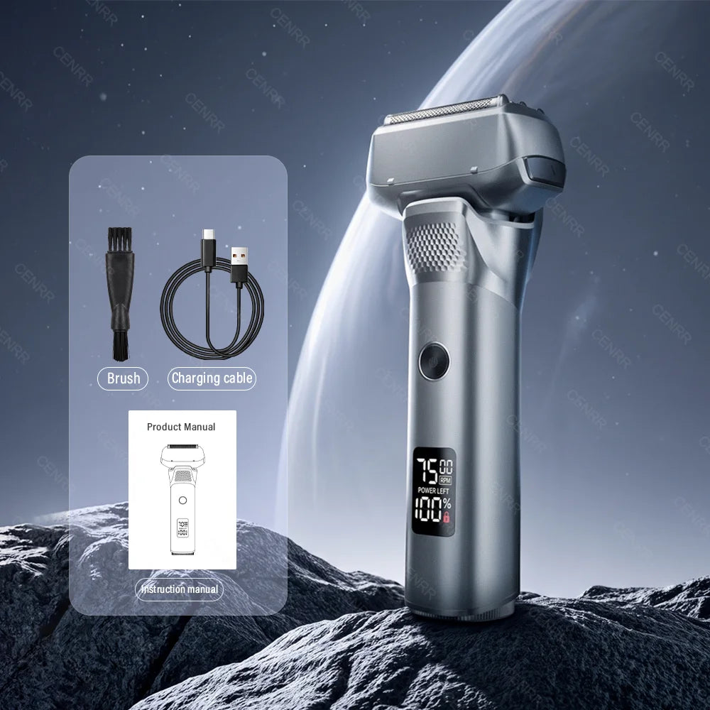 A silver portable electric shaver for men is displayed against a dark, rocky background with a faint blue gradient.