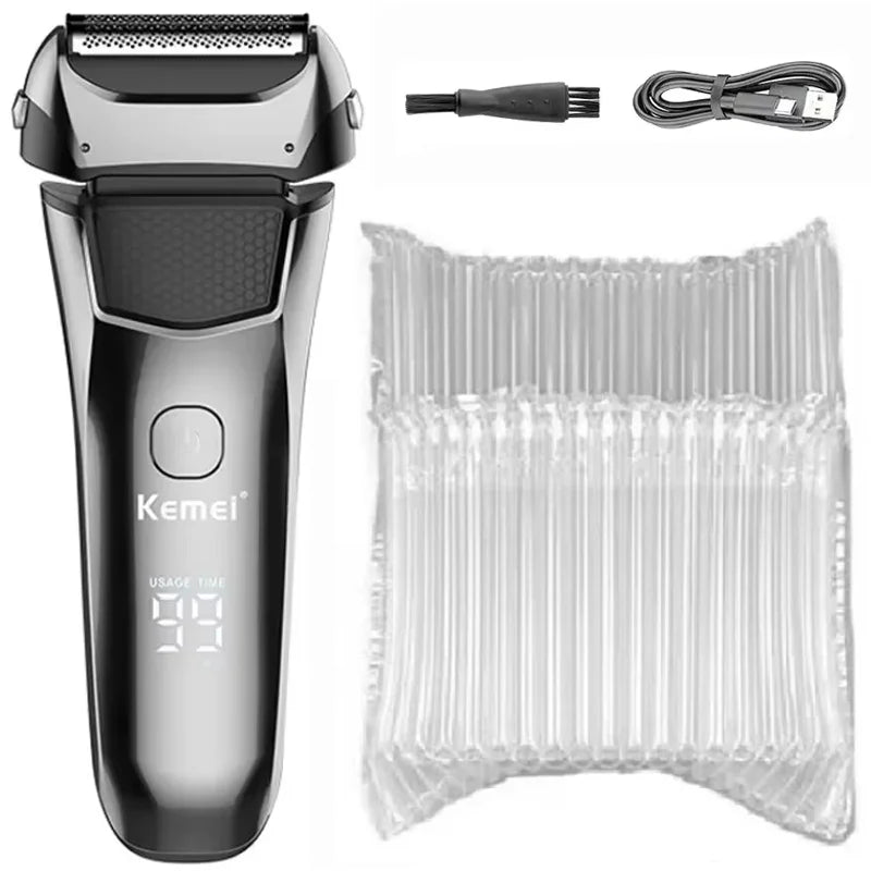 A sleek, black electric shaver with a charging cable and multiple disposable foils is shown.