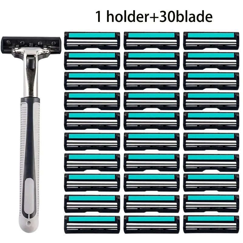 A set of one holder and thirty blades for a double blade replaceable shaver.