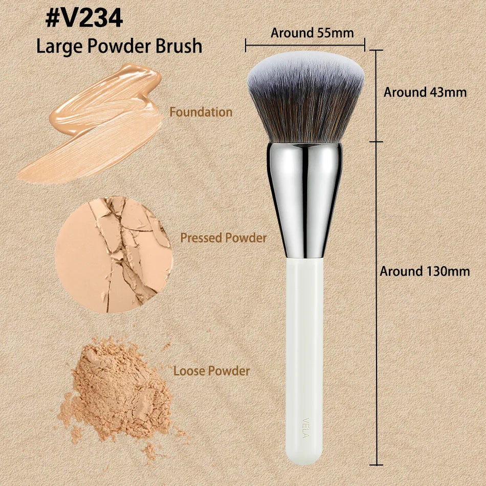 A large powder brush shown next to various makeup powders including foundation, pressed powder, and loose powder.