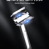 Close-up of a double-edge safety razor head with a polished metal body.