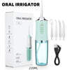 A portable oral irrigator device in light green and clear plastic is shown next to its packaging box.