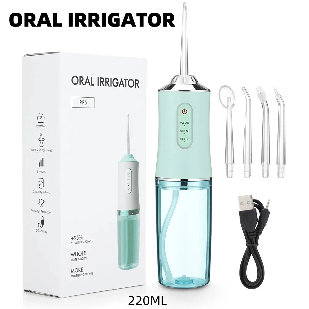 A portable oral irrigator device in light green and clear plastic is shown next to its packaging box.
