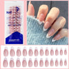 A package of soft gel tips for artificial fingernails in a standard size, shown next to various pink nail shapes.