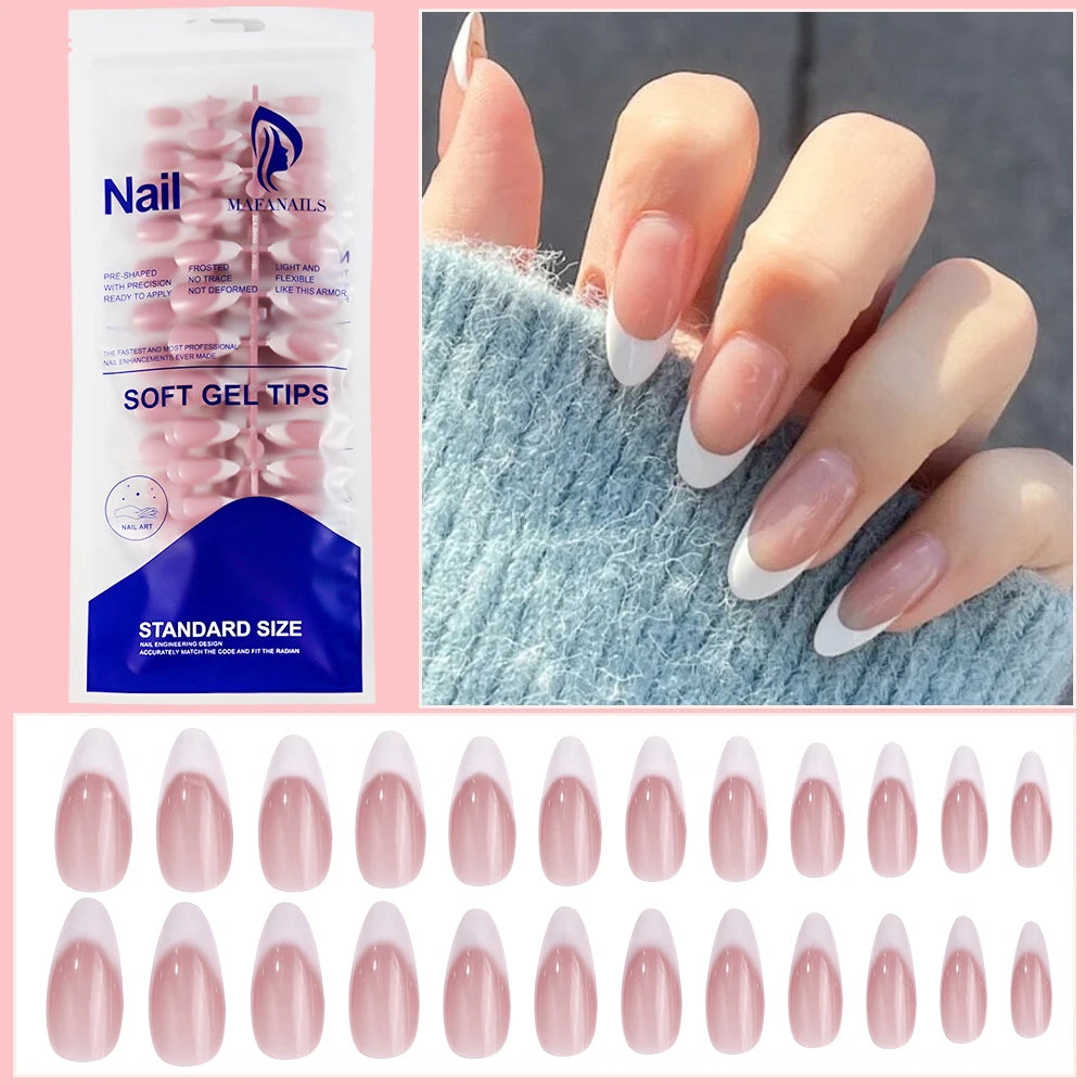 A package of soft gel tips for artificial fingernails in a standard size, shown next to various pink nail shapes.