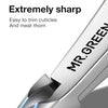 A close-up of an MR.GREEN cuticle nipper showing its sharp metal tip.