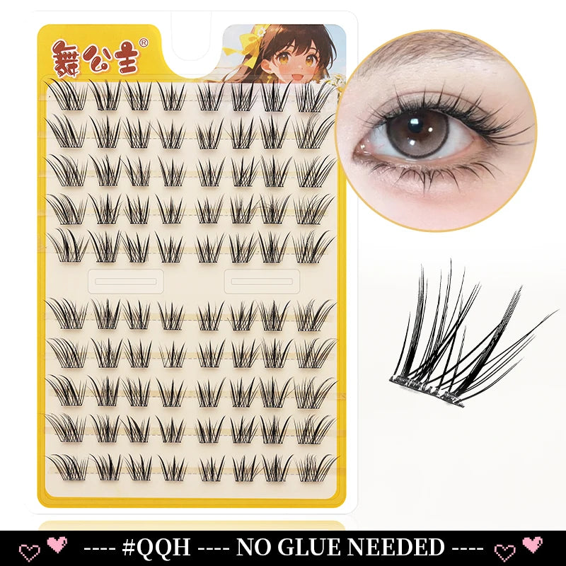 A set of artificial eyelash extensions for application, showing various lash styles and a close-up of an eye.