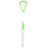 A silicone tongue scraper with a green handle and white body.