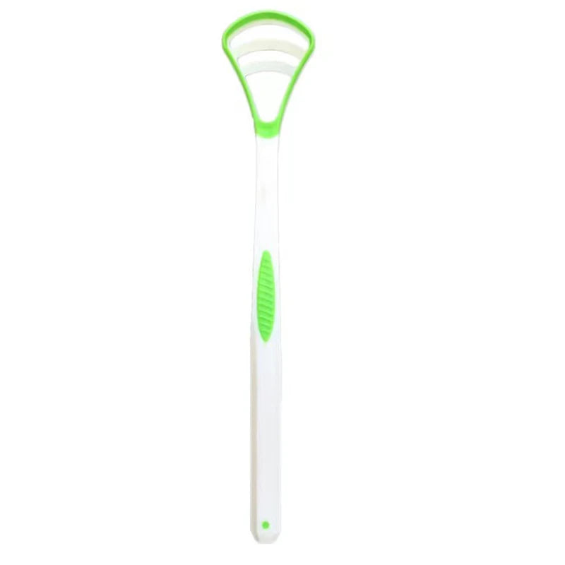 A silicone tongue scraper with a green handle and white body.
