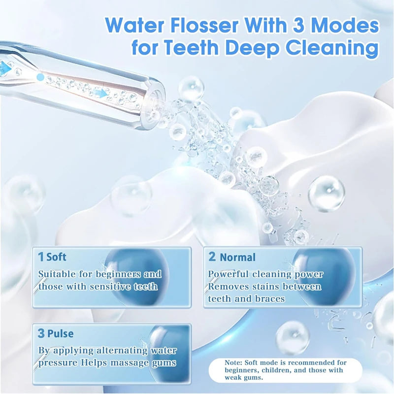 A water flosser with three modes for deep cleaning teeth is shown spraying water onto a tooth model.