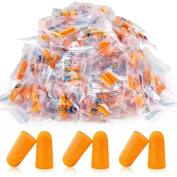 A pile of orange anti-noise foam earplugs packaged in clear plastic bags and loose earplugs.
