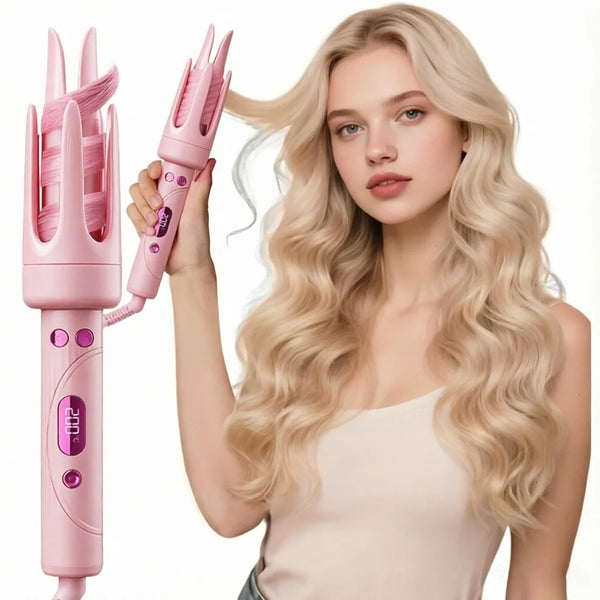 A woman holds a pink professional rotating curling iron and styling tool in her hand.