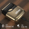 A close-up of a gold and black electric foil shaver for men showing charging and usage times.