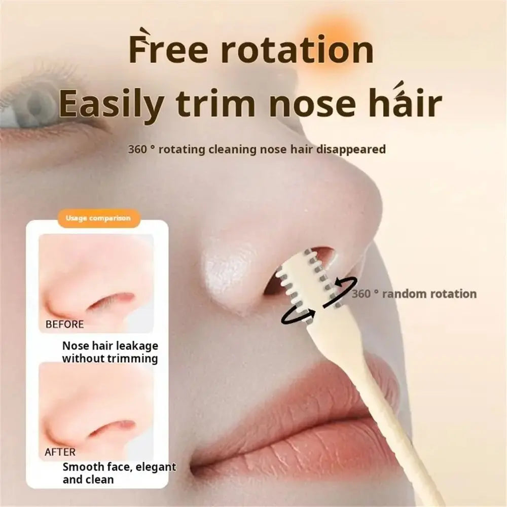A close-up of a person's nose showing before and after results of using a 360 degree rotating cleaning tool to trim nose hair