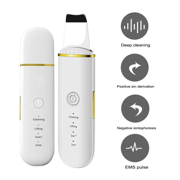 Appareil à nettoyage facial ultrasonique blanc, mettant en avant le nettoyage en profondeur et la thérapie ionique.