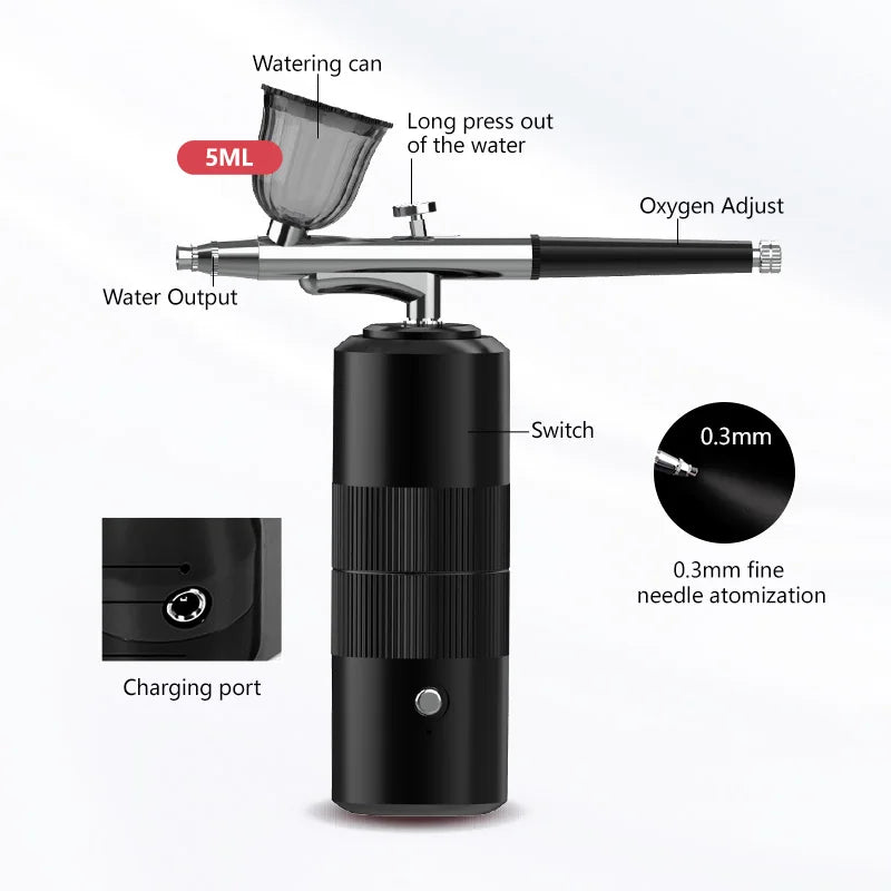 A black mini air compressor tool for nail art spray, showing features like a watering can, pressure adjustment, and a fine ne