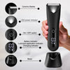 A black precision electric body and hair trimmer is shown with its components, including ceramic blades, LED indicators, an O