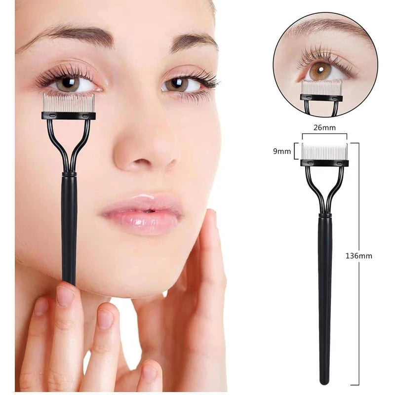 A woman is using a precision metal eyelash separator and curler on her eye, showing the tool's size and function.