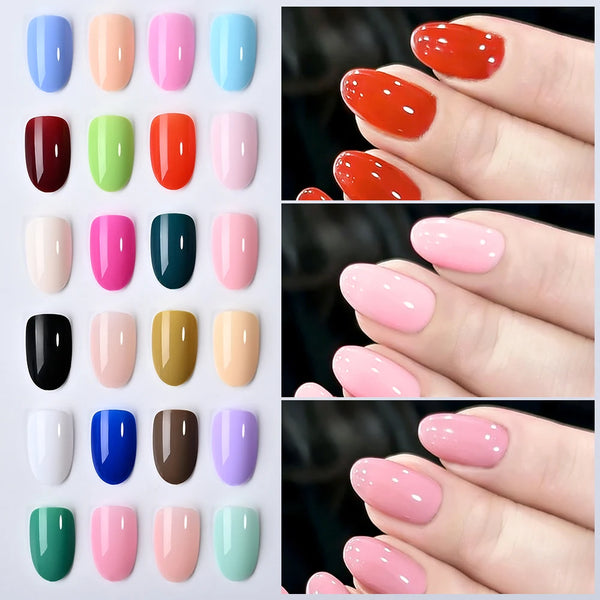 A collection of glossy press-on nails in various shades and shapes displayed on a white background.