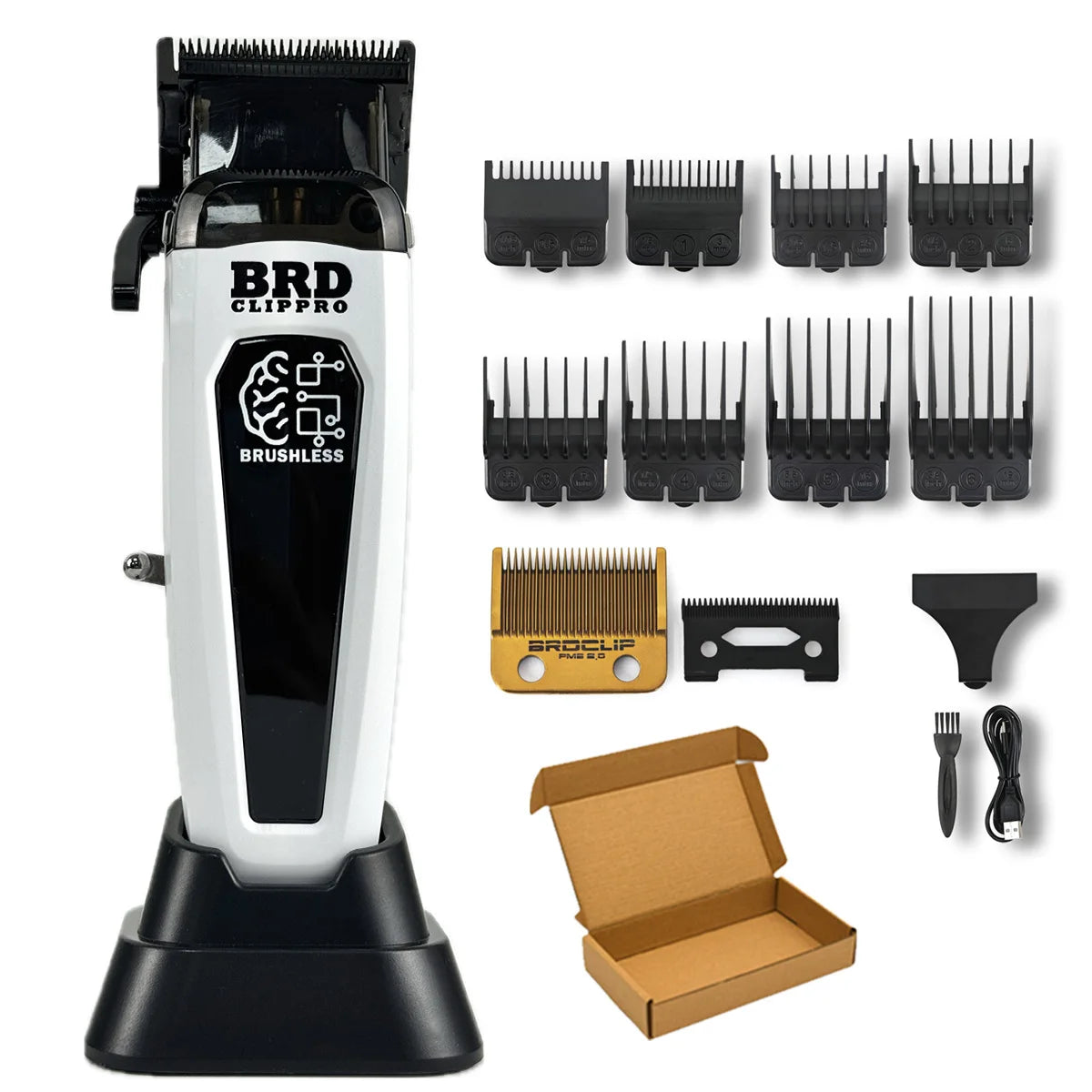 A professional rotary hair trimmer kit featuring a white and black device with multiple guard attachments and accessories.