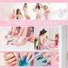 A collection of nail products including a portable UV nail dryer lamp, nail polish, and acrylic nails.