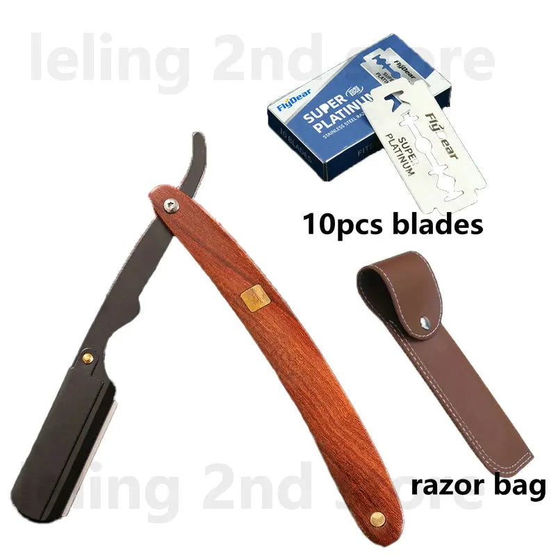 A set of 10 blades and a wood handle razor bag for a professional shaving razor.