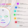 A white LED facial mask device with various colored light emitters and text describing skin treatments.