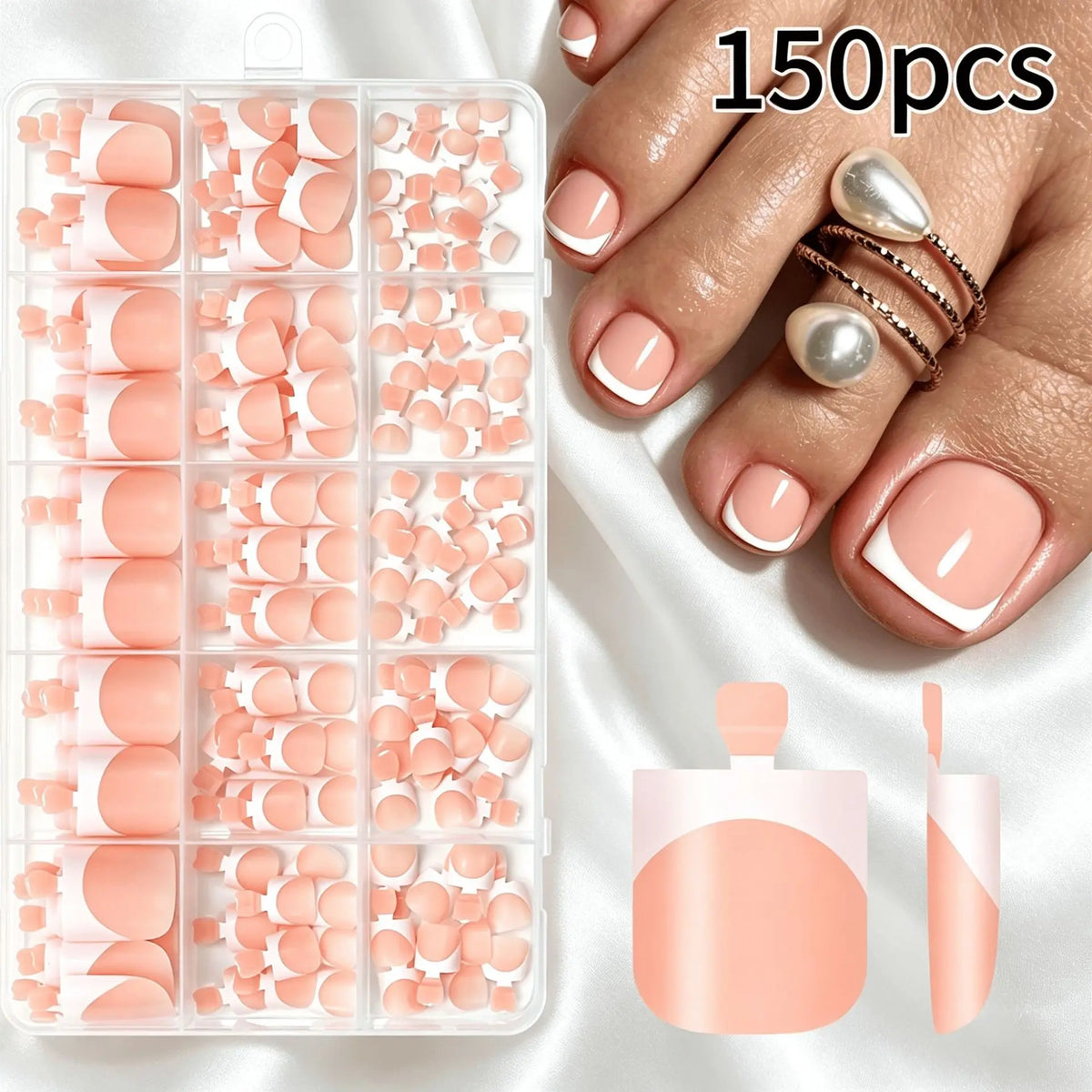 Una mano muestra uñas postizas cuadradas de acrílico en color melocotón suave, junto a un envase de 150 piezas.