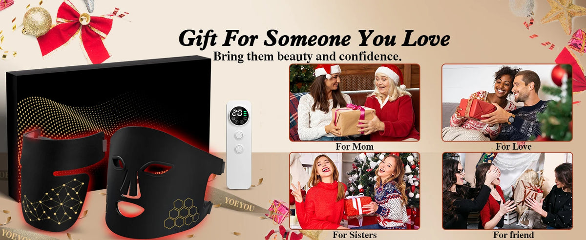 A professional red light therapy mask is shown with various gift options for loved ones.