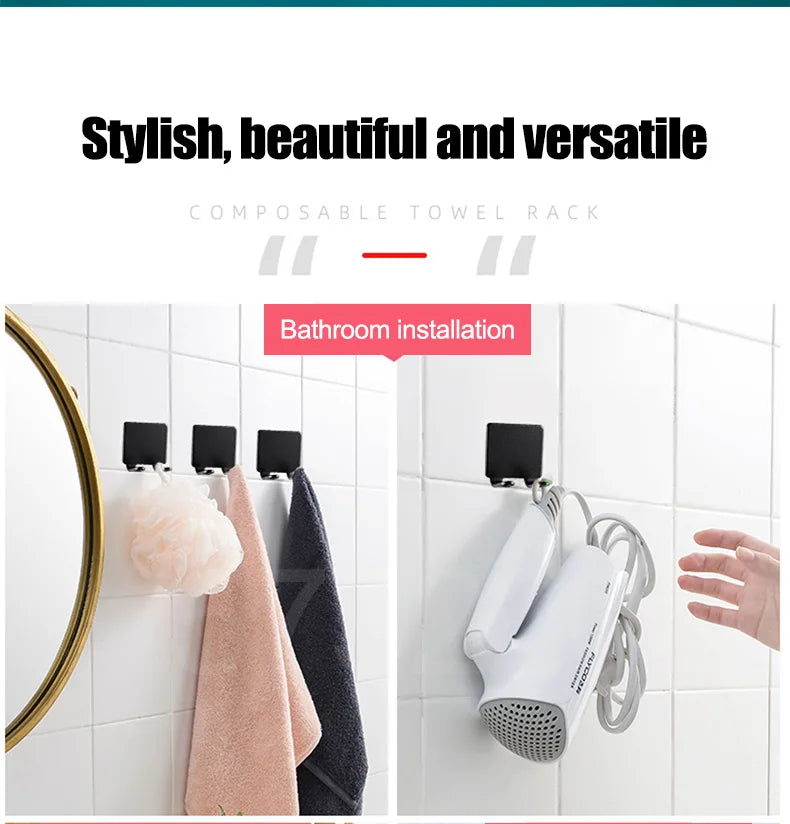 Porte-serviettes composable avec des porte-serviettes noirs et un support de rasoir blanc installé dans une salle de bain.