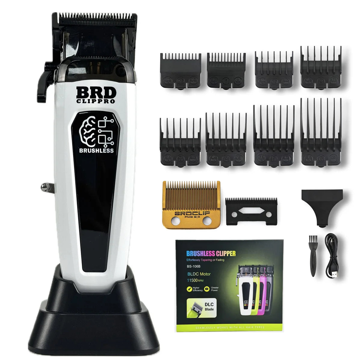 A professional rotary hair trimmer kit showing various blades and a main unit for hair grooming.