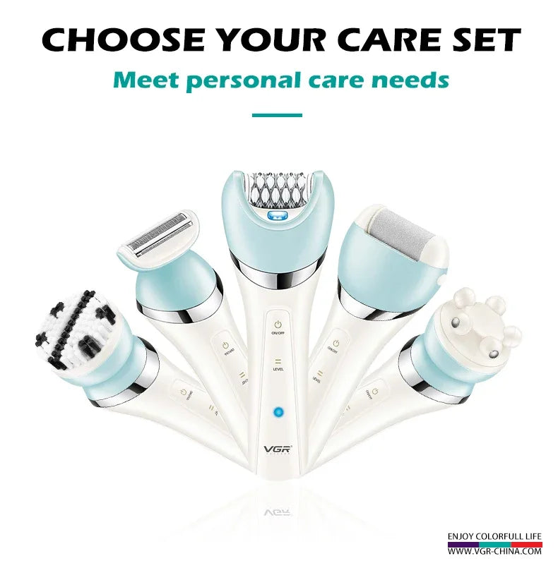 A collection of five grooming tools including a shaver, trimmer, and brush, displayed against a white background.