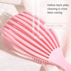 A pink massage detangler hair brush is shown with water dripping onto it, highlighting its washable and labor-saving features