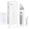 A white electric nasal aspirator device shown in its box and standalone form with various tips.
