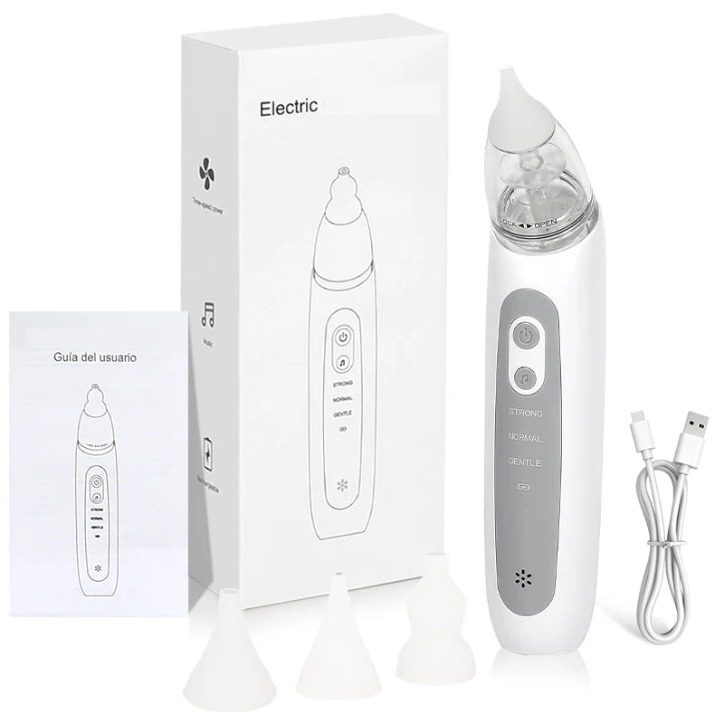 A white electric nasal aspirator device shown in its box and standalone form with various tips.