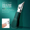 A pair of green beveled nail clippers with silver blades shown against a dark teal background.