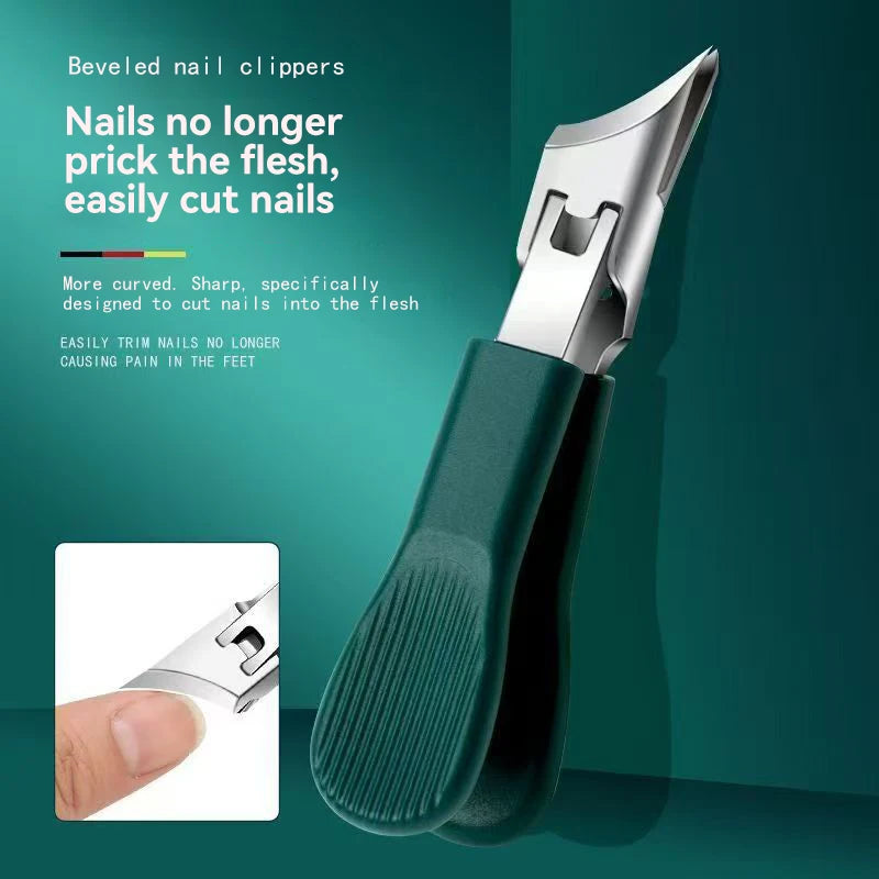 A pair of green beveled nail clippers with silver blades shown against a dark teal background.