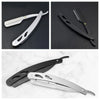 A set of professional stainless steel straight edge barber razors shown in various angles.