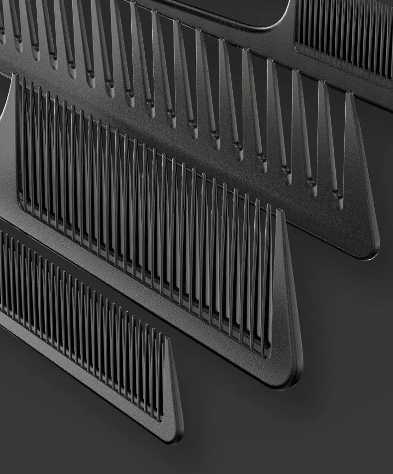 A set of black multifunctional hair detangler comb brushes shown in close-up against a dark background.