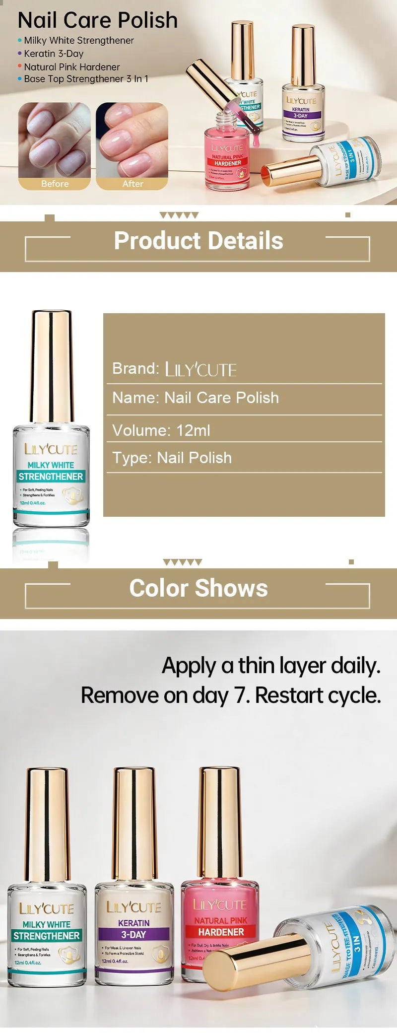 Collection de vernis pour ongles : Milky White Strengthener, Keratin 3-Day et Natural Pink Hardener.