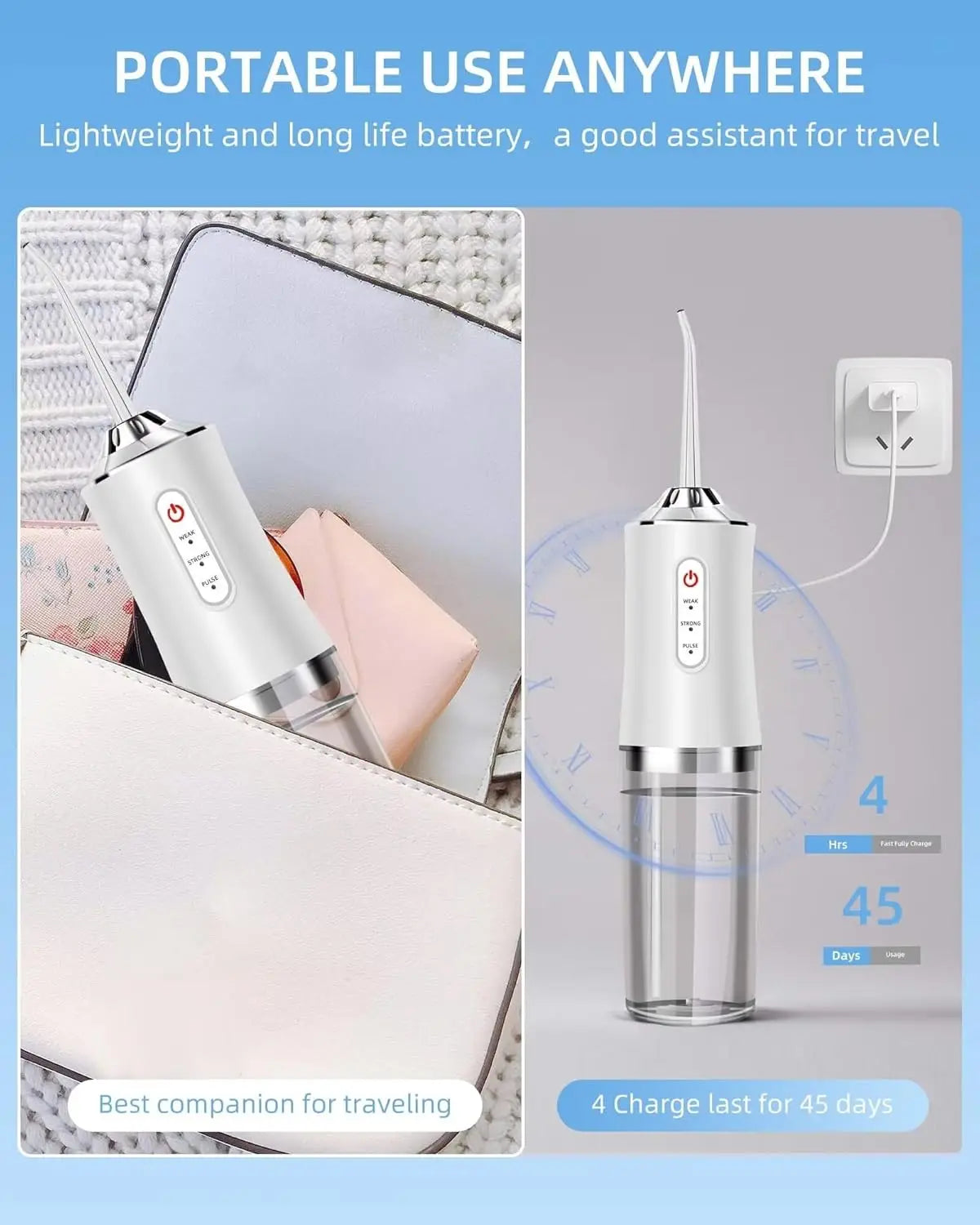 A silver portable electric water flosser device shown next to a pink notebook, highlighting its suitability for travel.