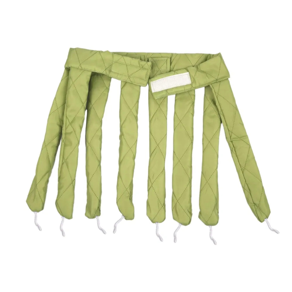A set of five olive green removable heatless hair curlers for overnight styling.
