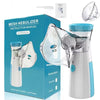 Dispositivo nebulizador ultrasónico portátil blanco y manual de instrucciones junto a una mascarilla nebulizadora transparent