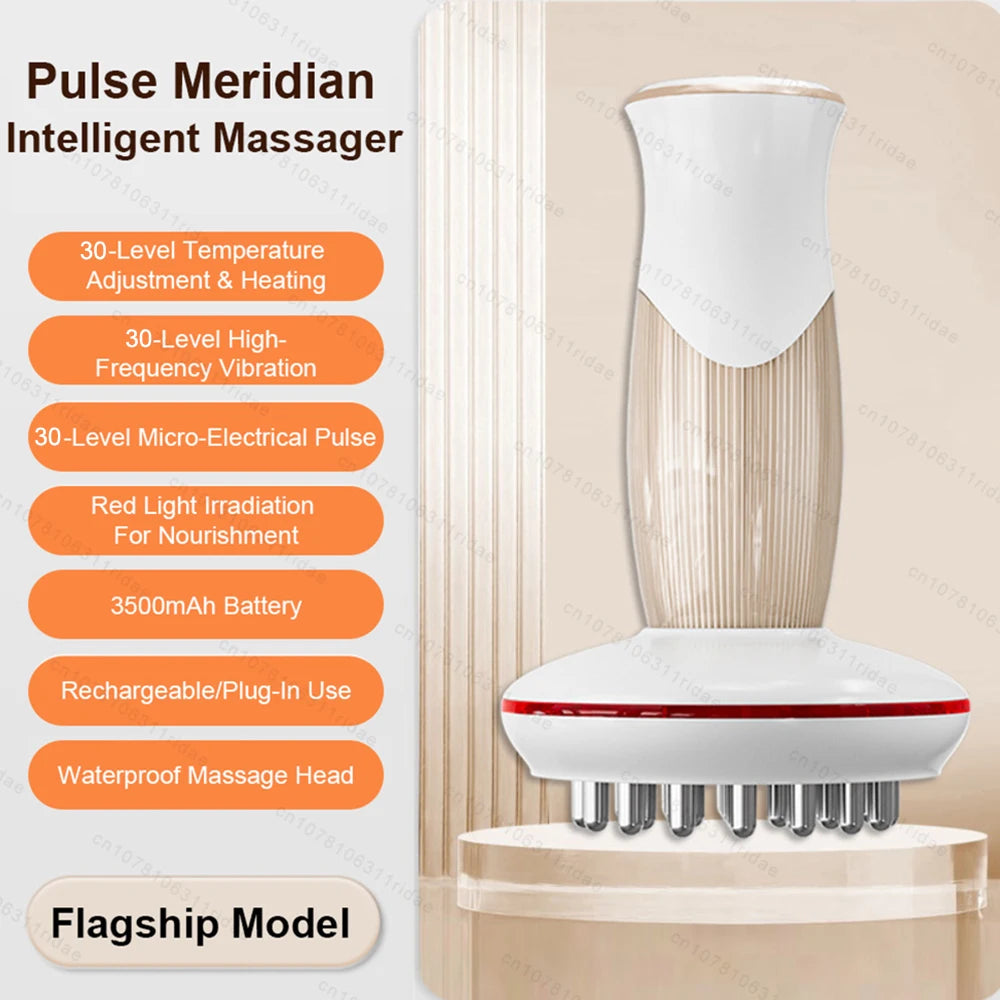 A white electric meridian massager device with a textured body and massage head is shown against a light background.