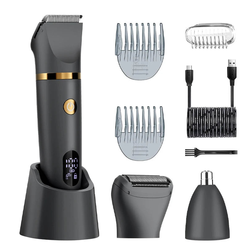 A black all-in-one body grooming kit showing various grooming tools including clippers and combs.