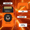 Orange electric shaver named Vector with a gold cap and various dimensions shown.