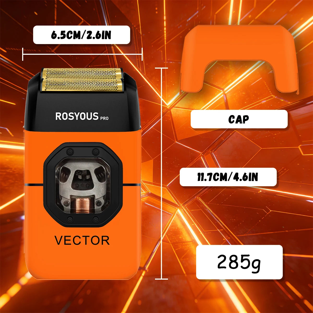 Orange electric shaver named Vector with a gold cap and various dimensions shown.