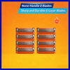 A set of eight orange and silver safety razor blades displayed in a box with text promoting sharp and durable 6-layer blades.