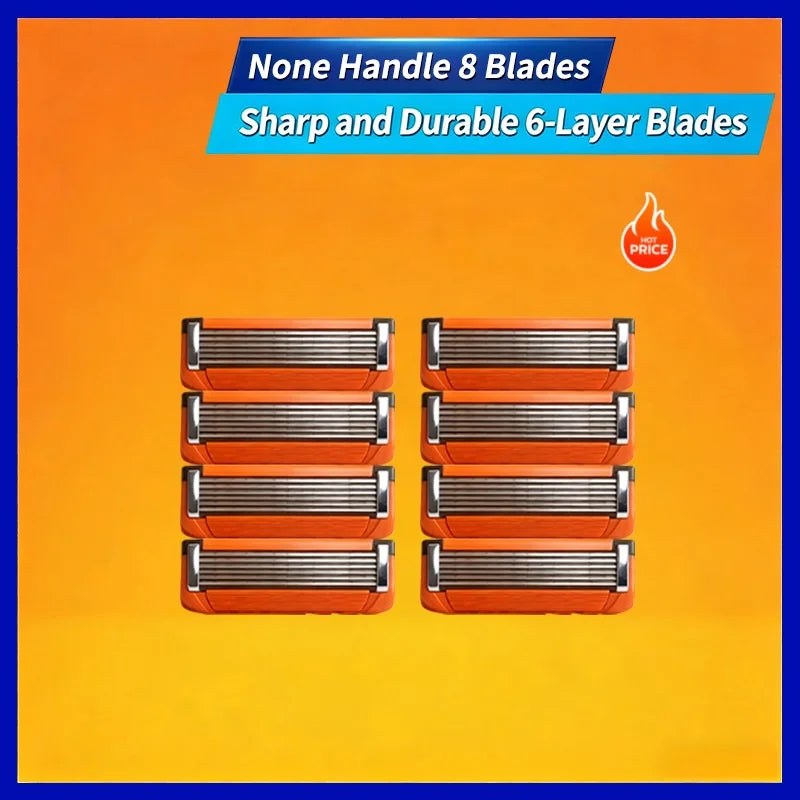 A set of eight orange and silver safety razor blades displayed in a box with text promoting sharp and durable 6-layer blades.