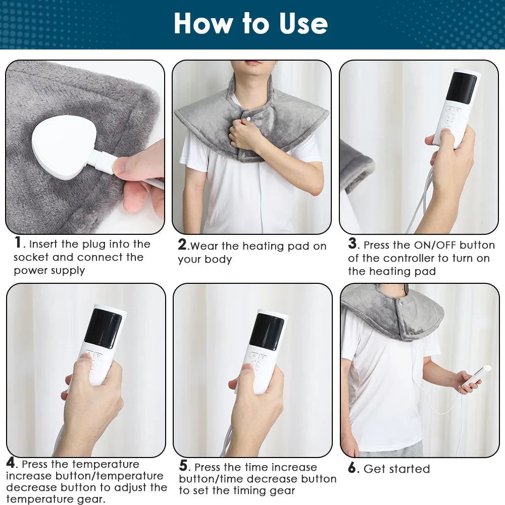 Instructions for using an electric heated neck and shoulder massager device.